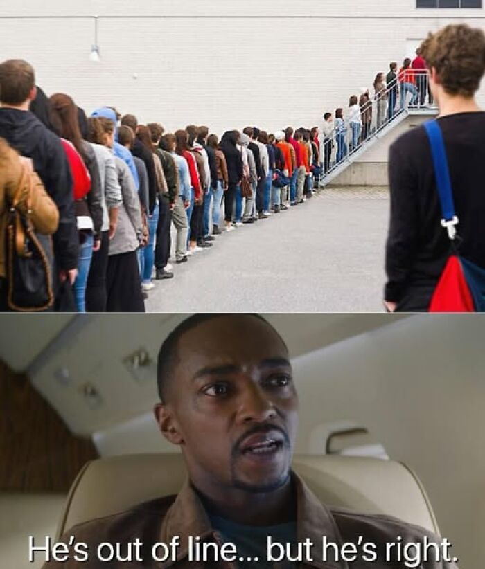 People queuing in line, meme text below reads "He's out of line... but he's right," showcasing a literal meme.