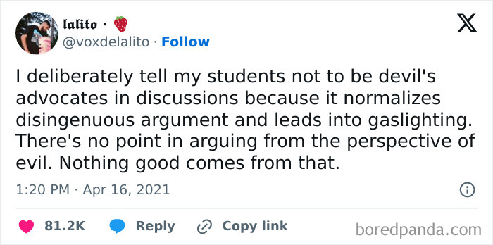 Text post about not advocating for devil's argument, emphasizing its negative effects, shared in a Facebook group.