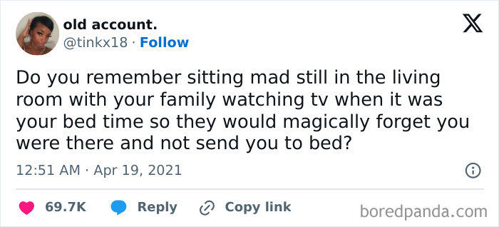 Tweet about childhood nostalgia and relatable family TV moments.
