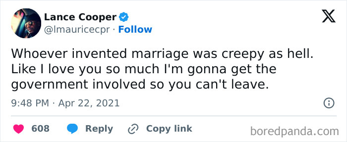 A tweet humorously questioning the concept of marriage, highlighting the idea of government involvement.