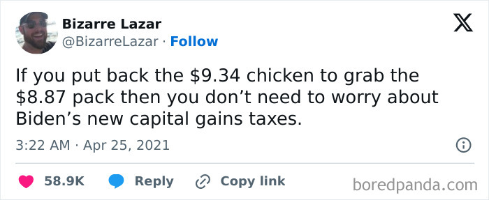 Tweet with work-related humor about choosing cheaper chicken over worrying about capital gains taxes.