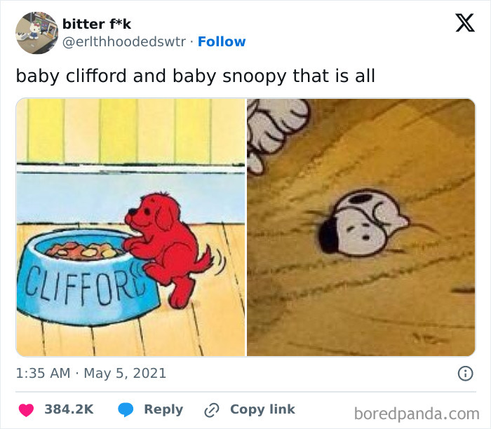 Baby versions of Clifford and Snoopy in a meme evoke nostalgic feelings about old cartoons.