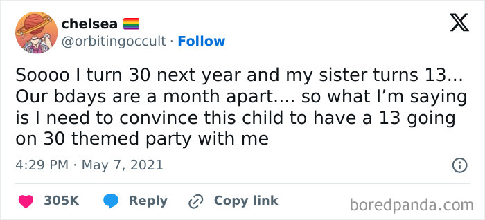 Funny and relatable tweet about planning a "13 Going on 30" themed party for siblings turning 30 and 13.