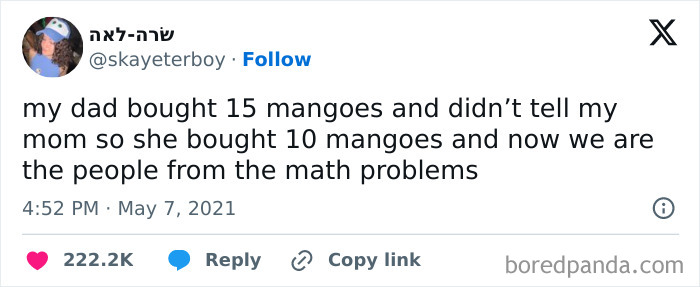 Funny tweet about buying mangoes and becoming the people from math problems, shared on Conxfession IG page.