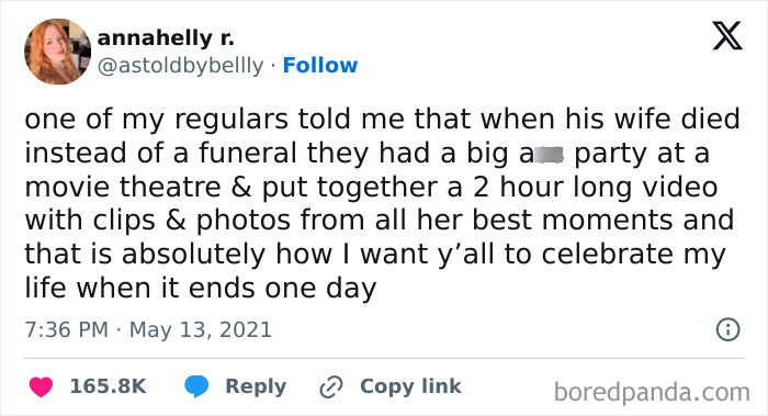 Tweet from Conxfession: A user shares a story about celebrating life with a movie party instead of a funeral.