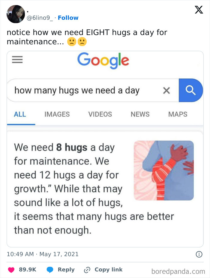 Funny tweet about daily hugs, showing a Google search stating we need eight hugs a day for maintenance.