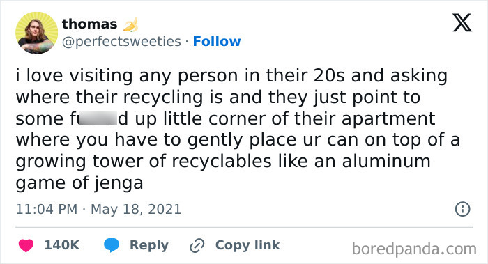 A tweet humorously discusses 20-somethings' recycling habits, comparing it to a Jenga game.