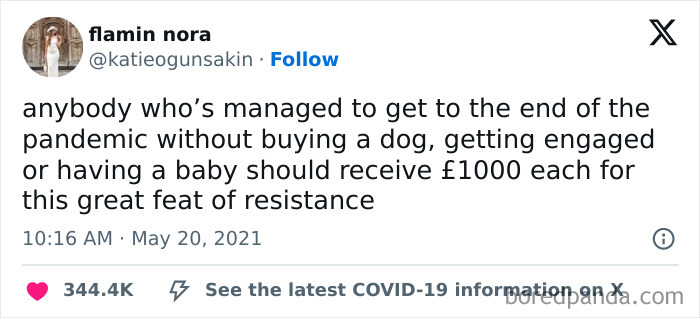 Tweet about pandemic resistance shared by "Conxfession" IG page, humorously suggesting a £1000 reward for not following trends.