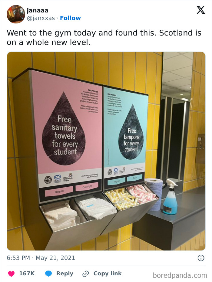 Free sanitary products for students in a gym restroom, with dispensers for towels and tampons.