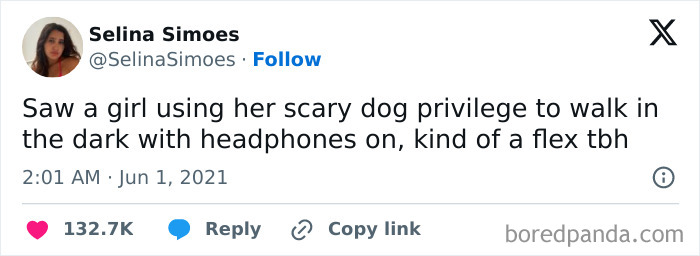 Funny tweet about using "scary dog privilege" to safely walk in the dark with headphones, shared by Conxfession IG page.