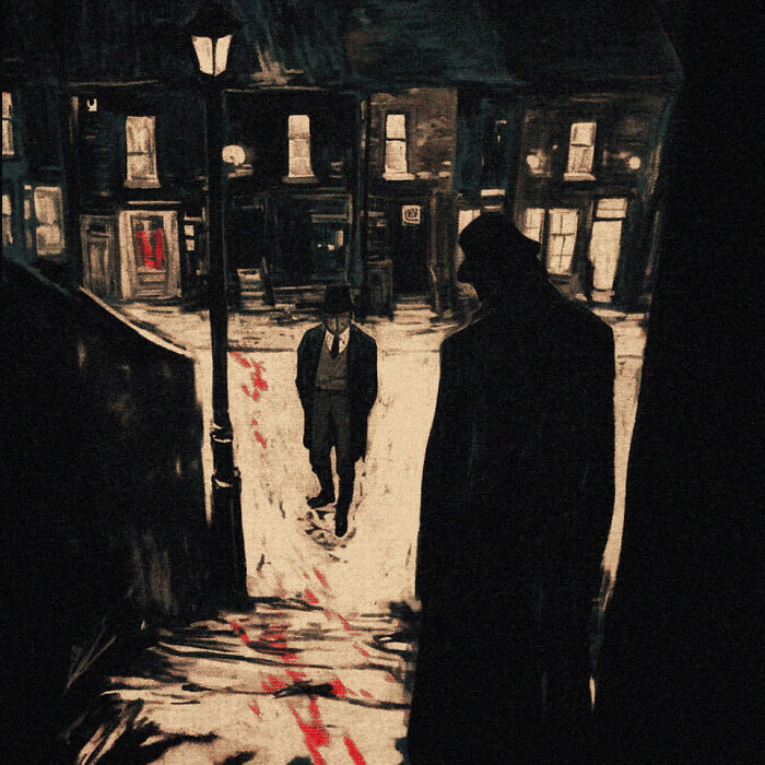 Eerie scenery painting depicting industrial decay and folklore with shadowy figures in a dimly lit street.