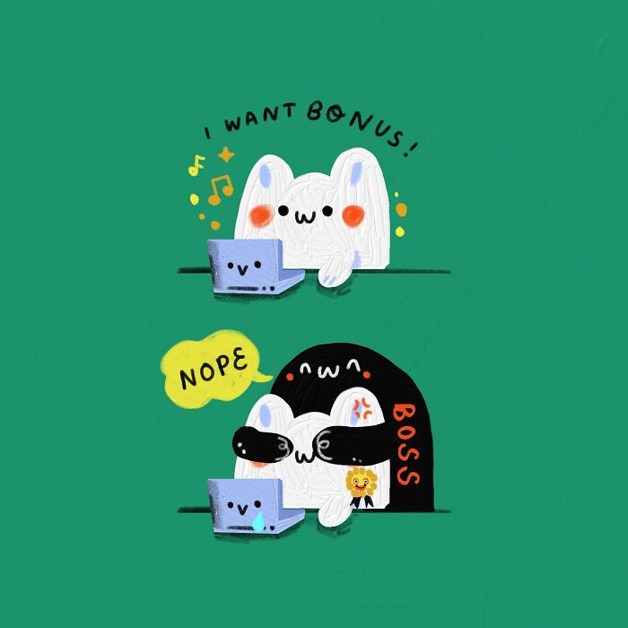 Cute characters humorously illustrate a rejected bonus request.