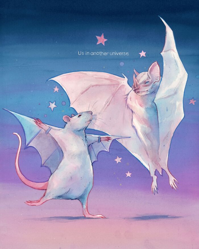 Dream-like painting of a mouse and bat with wings dancing under stars.
