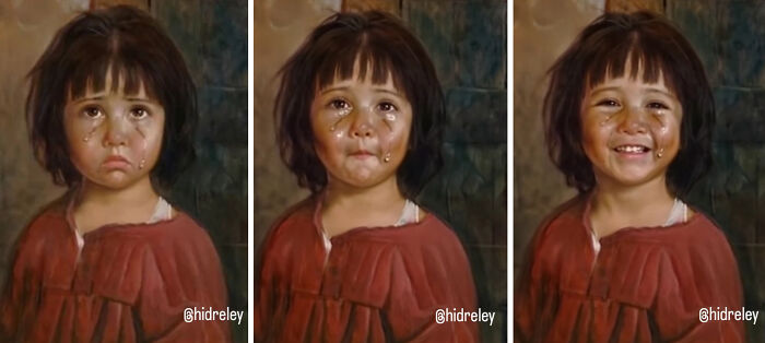 Bragolin’s crying child transitions from tears to smiles in a triptych, enhanced with AI for a heartwarming effect.