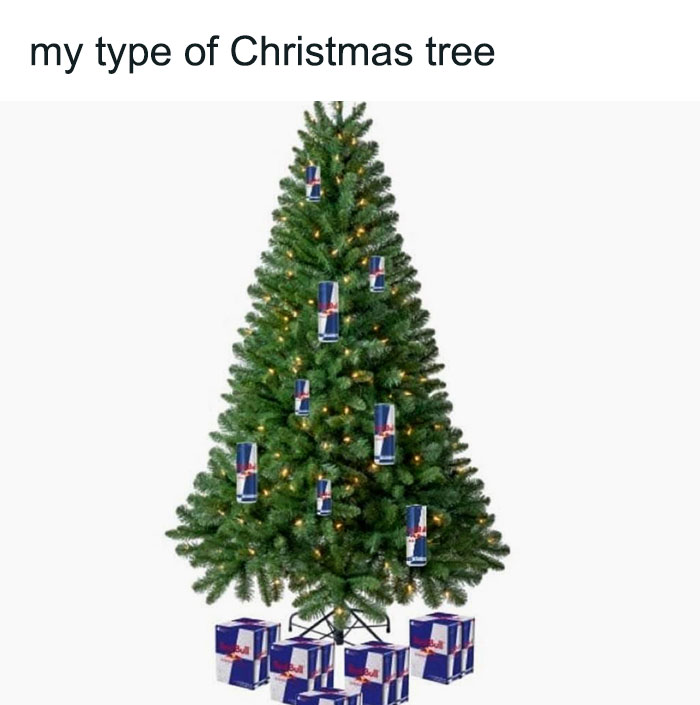 Christmas tree decorated with energy drinks and surrounded by themed gifts, humorously referencing food-related memes.