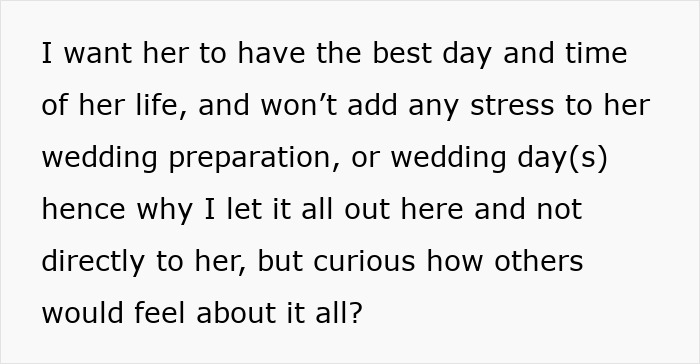 Text discussing concerns about attending a friend's wedding and seeking advice on wedding-related red flags. Text discussing concerns about attending a friend's wedding and seeking advice on wedding-related red flags.