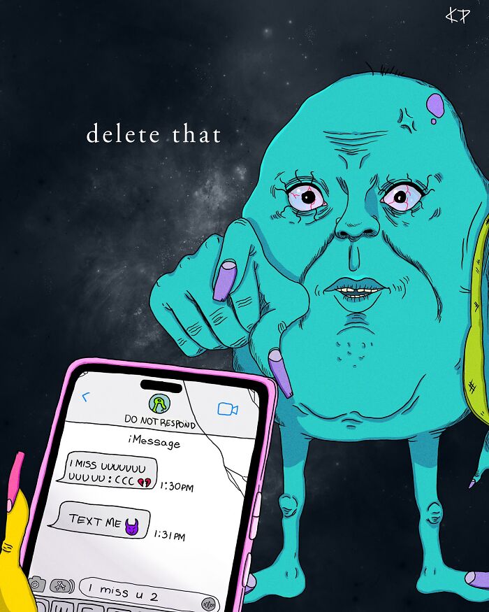 Uncomfortably funny illustration of a creature pointing at a phone with text messages saying "delete that."