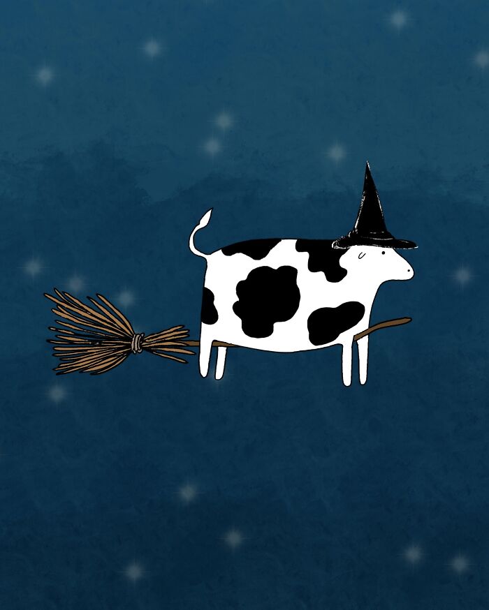 Cow in a witch hat flying on a broomstick against a starry night sky.