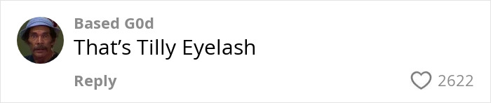 Comment about a Billie Eilish look-alike saying, "That's Tilly Eyelash," with 2622 likes shown.