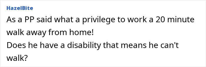 Online comment questioning a husband's request to be driven to work, mentioning a 20-minute walk. Online comment questioning a husband's request to be driven to work, mentioning a 20-minute walk.