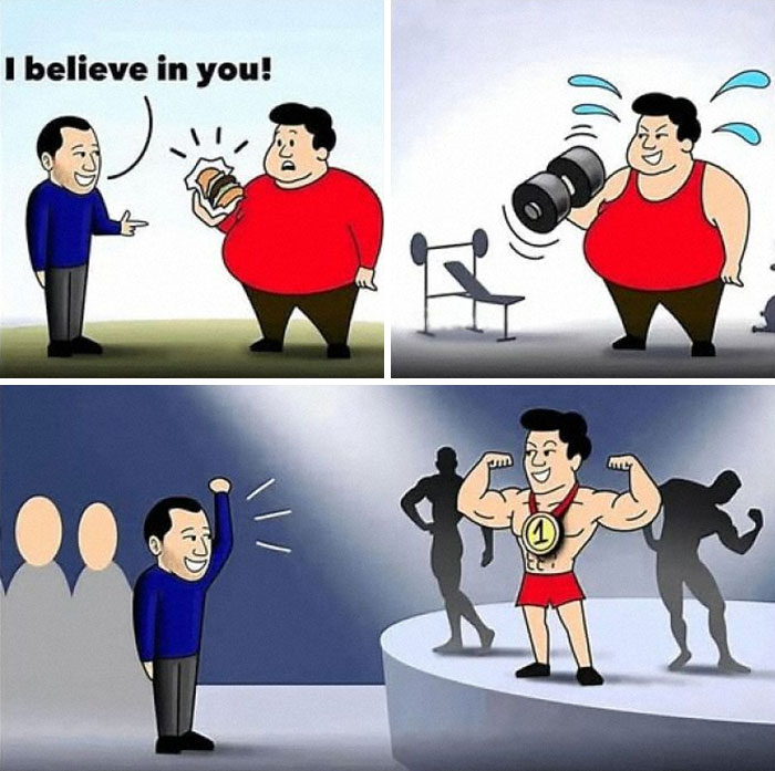 Literal meme showing a supportive coach, a man lifting weights, and winning a bodybuilding contest.