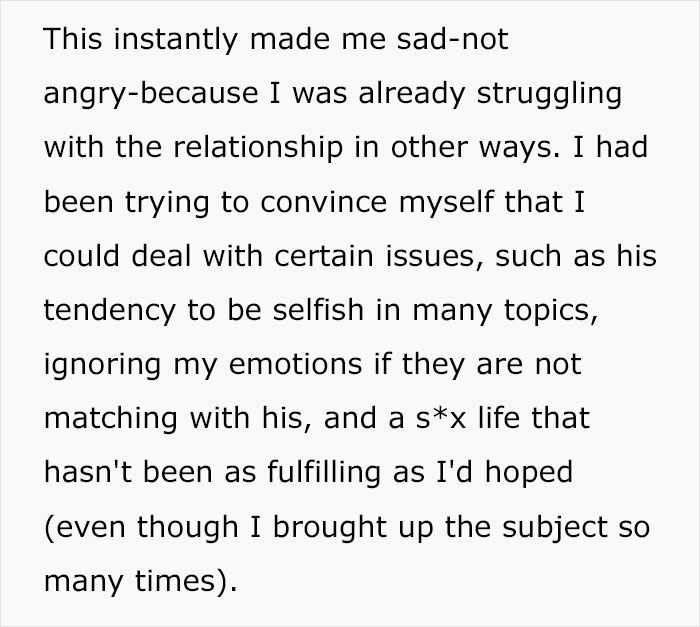 Text about relationship struggles and emotional issues, mentioning a partner's selfish tendencies and unfulfilled expectations.