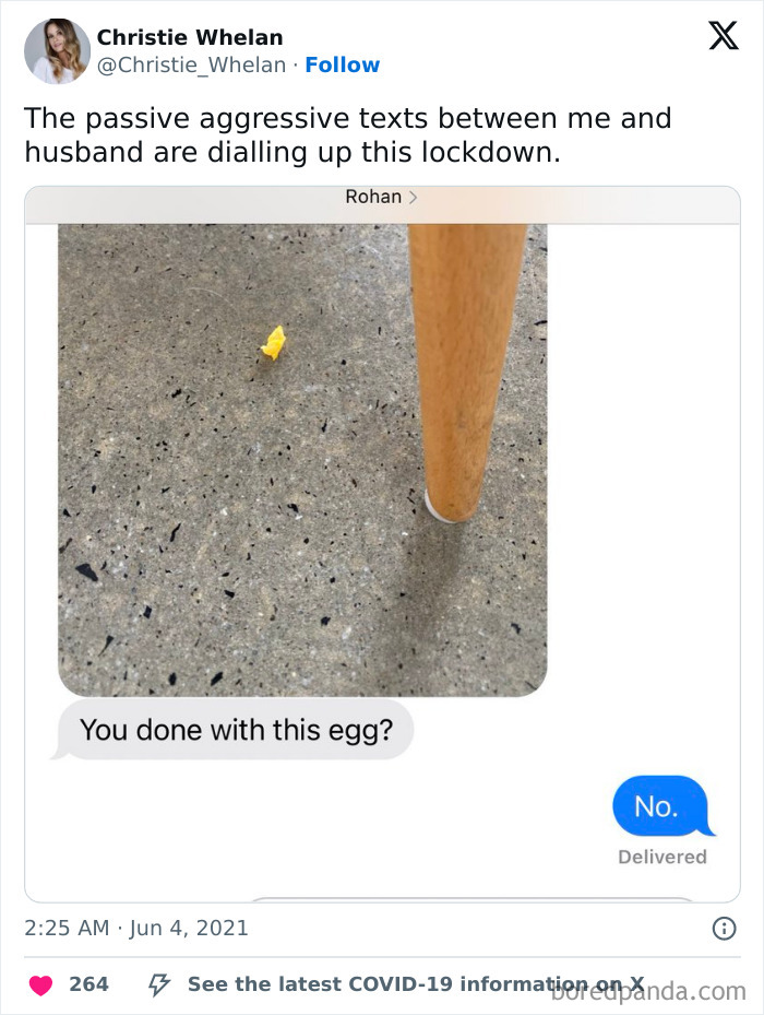 Text conversation showing a passive-aggressive exchange about an egg on the floor next to a chair leg.