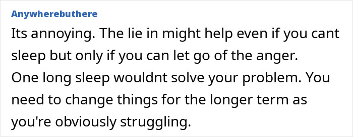 Comment addressing sleep struggles, suggesting changes for long-term improvement.