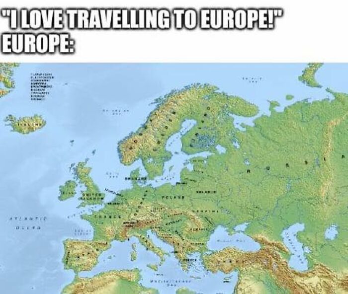 A literal meme showing a map of Europe with text about traveling.