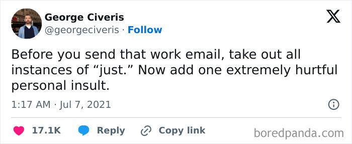 Tweet humorously describing how to edit work emails with jokes.