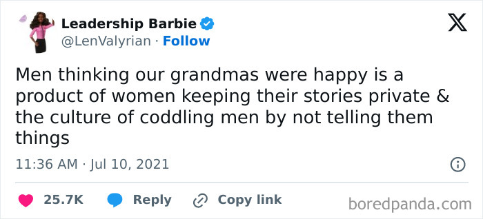 Tweet on sexism challenges cultural narratives about women's stories and men's understanding.