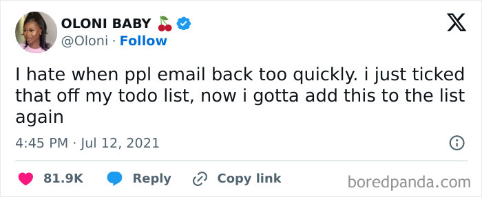 Tweet about quickly received emails disrupting task completion, humorously re-adding it to a work to-do list.