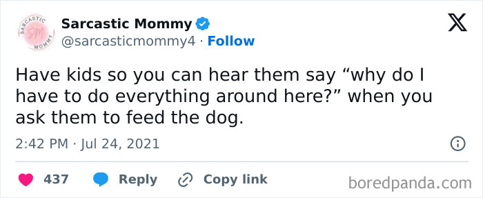 Parenting meme about kids complaining when asked to help with chores, like feeding the dog.