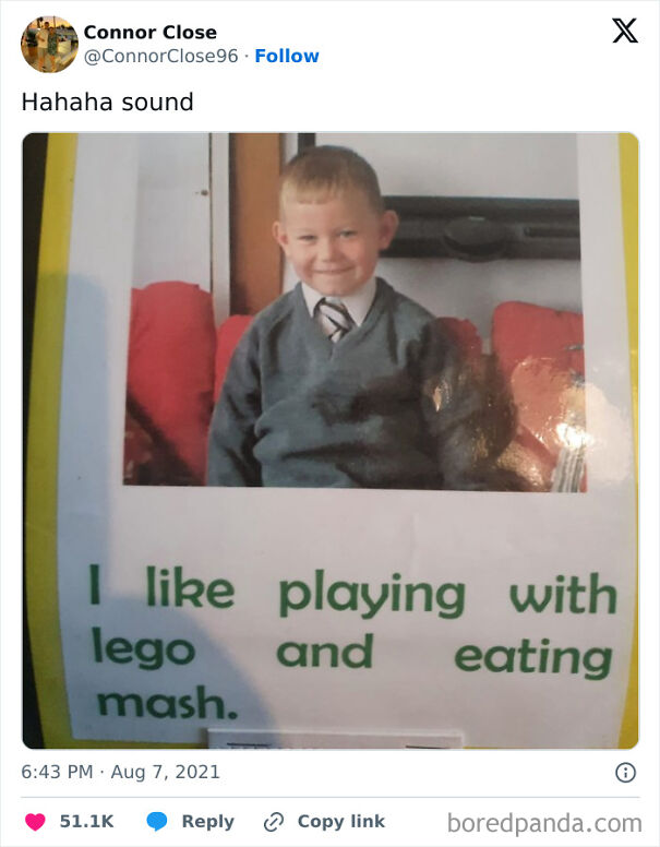 Young boy in a school uniform smiling with a humorous caption about liking Lego and eating mash, showcasing Scottish humor.