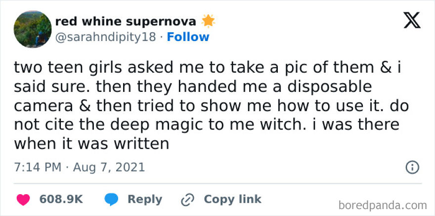 Funny meme about teens giving a disposable camera and explaining its use to an older person familiar with it.