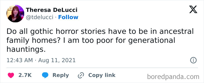 Tweet screenshot with a joke about being too broke for generational hauntings in gothic horror stories.