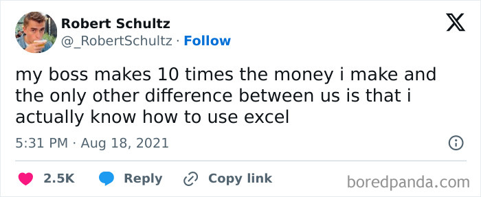Funny work tweet about salary differences and Excel skills, with user comment and engagement buttons.