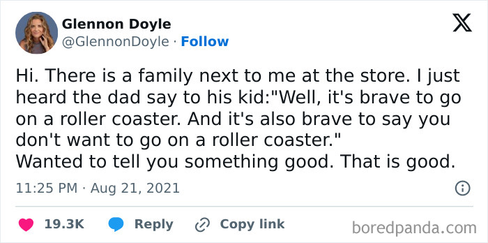 Tweet about family support, highlighting a dad teaching his child bravery in choosing to ride or not ride a roller coaster.