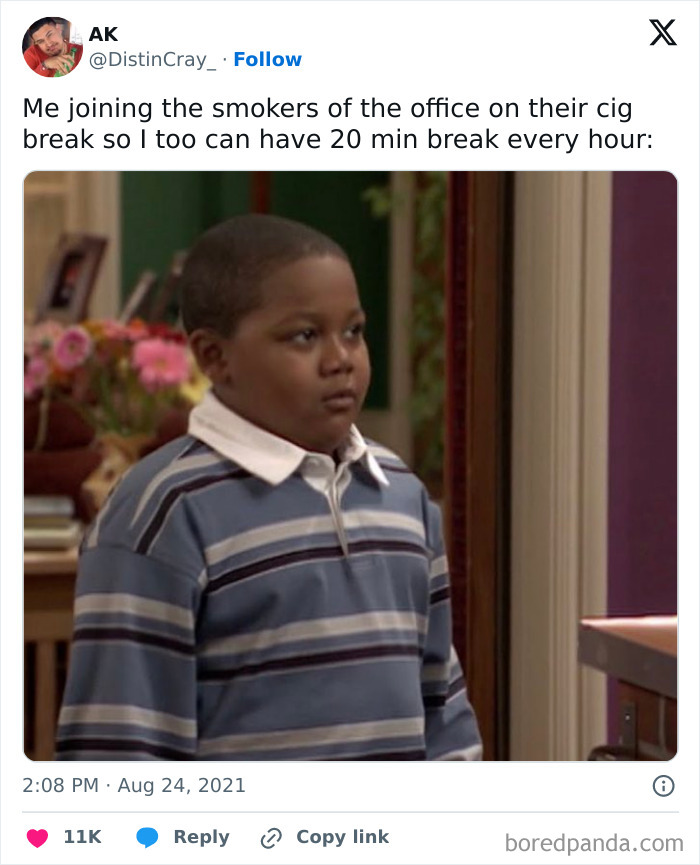 Child in striped shirt, standing indoors, with a humorous expression related to taking breaks at work.