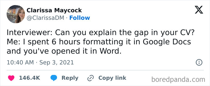 Tweet about a job interview gap humorously blames formatting issues between Google Docs and Word.