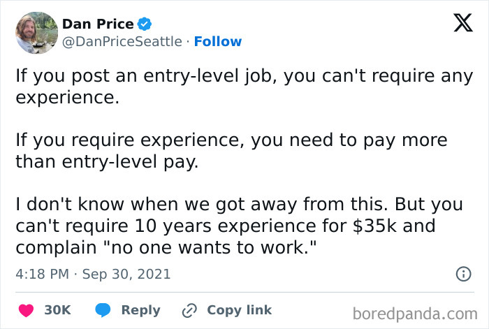 Tweet highlighting job requirements irony, relatable broke people jokes theme. Critiques unrealistic experience expectations for low pay.