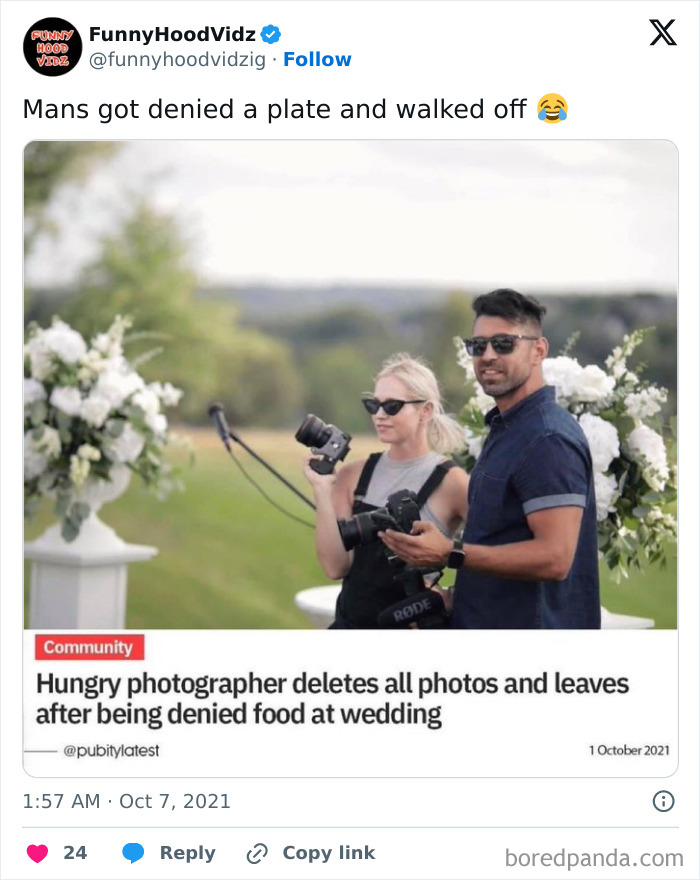Photographer at wedding deletes photos after being denied food, illustrating the internet's randomness.
