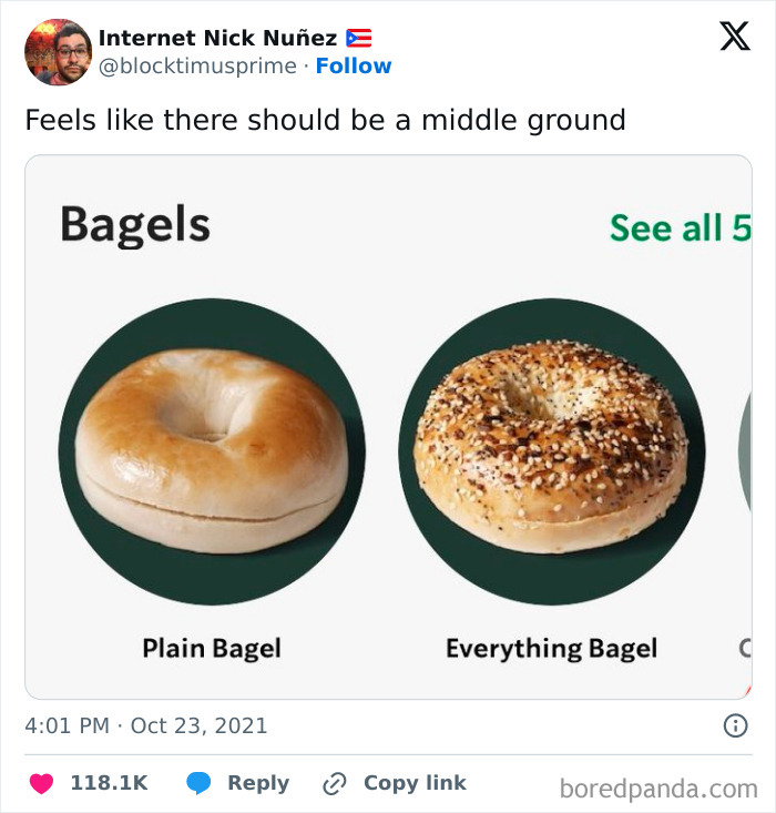 Funny tweet comparing a plain bagel and an everything bagel, highlighting a humorous comment on finding a middle ground.