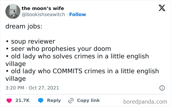 Dream jobs meme featuring humorous career choices like soup reviewer and seer, appealing to those who've given up on life.