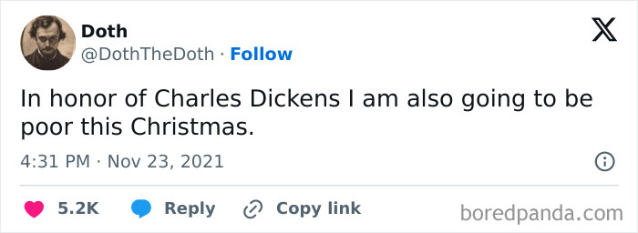 Tweet humorously referencing Charles Dickens with broke people jokes about being poor at Christmas.