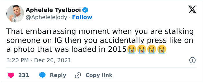 Tweet about awkward life moment on Instagram, accidentally liking a 2015 photo.