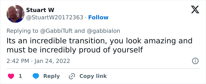 Tweet praising a former WWE star's drastic transition, highlighting pride and admiration for their journey.
