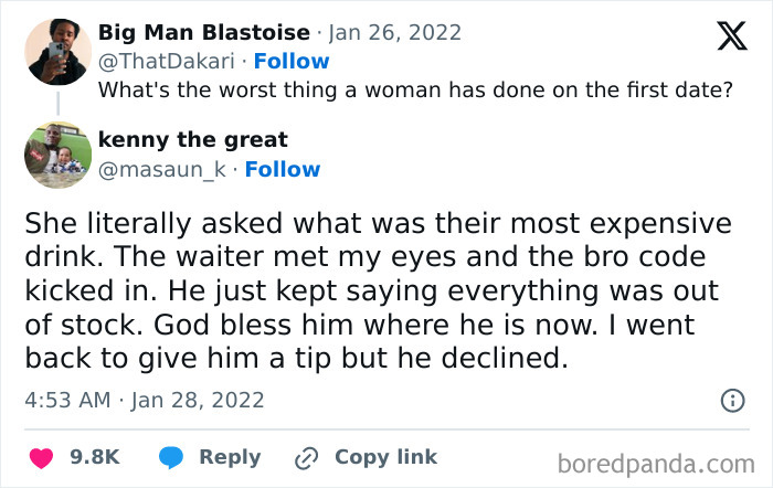 Comment conversation where a witty comment by "kenny the great" about a first date stands out more than the post.