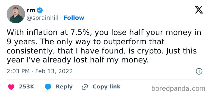 Tweet humorously comparing inflation and crypto losses, highlighting work-related humor.