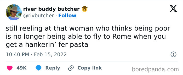 Social media post with a humor about perceptions of poverty related to travel, fitting Broke-People-Jokes theme.